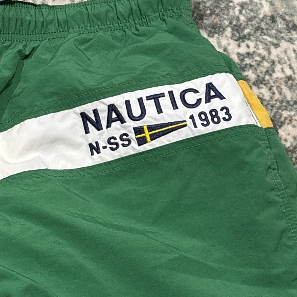 Vintage Nautica N-SS 1983 Swim Trunks Green Colorblock Shorts Men's Size M